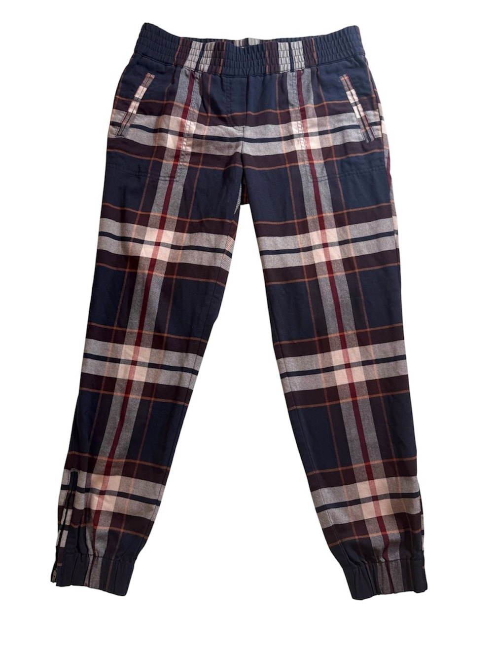 LOFT Ann Taylor Plaid Jogger Pants XS Navy Elastic Waist Zip Ankle Preppy Casual